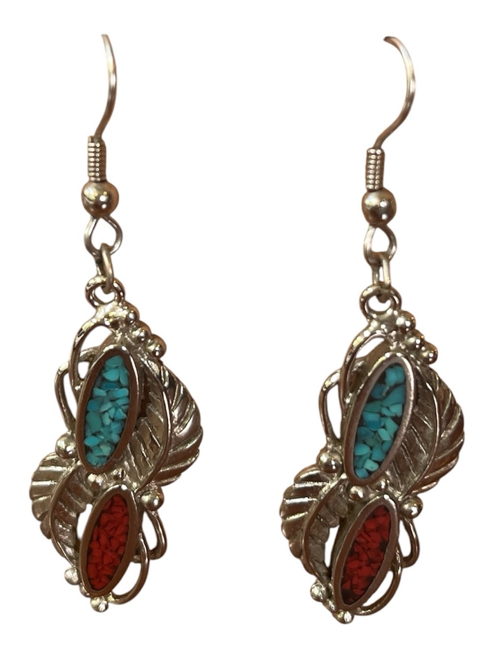 Vintage Southwestern Silver-tone Leaf Drop Earrings with Turquoise & Coral Inlay